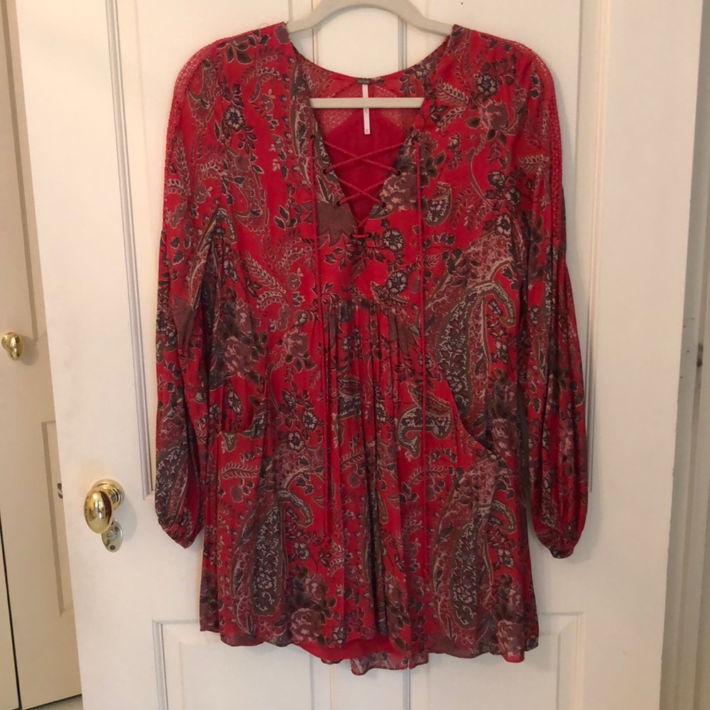 Free Peolple Rain Or Shine Poppy  Red Boho Paisley V-Neck Long Sleeve Dress/XS